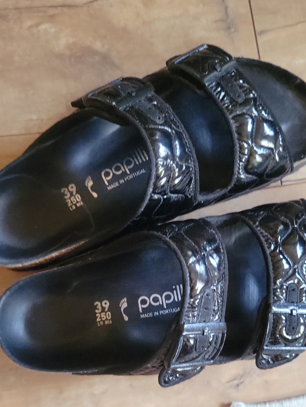 Papillio Ladies Black Quilted Patent Slide Sandals with Cork Trim - Picture 4 of 9